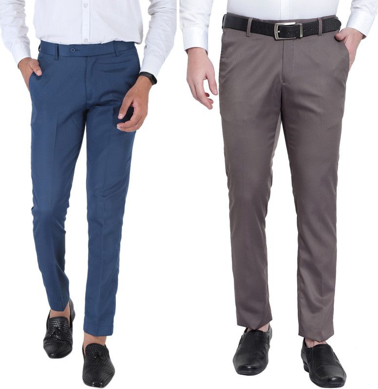 Pack of 2 Men Slim Fit Blue, Grey Viscose Rayon Trousers