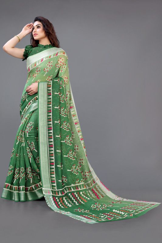 Printed, Blocked Printed Daily Wear Cotton Blend Saree  (Multicolor, Green)