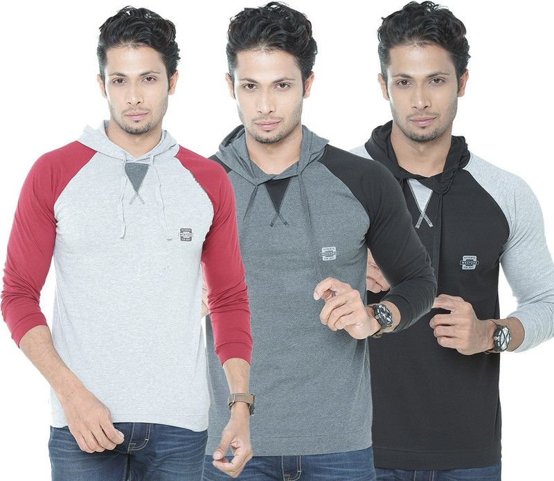 Pack of 3 Men Solid Hooded Neck Cotton Blend Multicolor T-Shirt