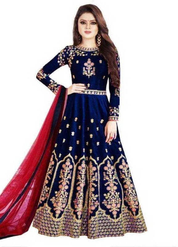 Embroidered, Solid Silk Blend Semi Stitched Anarkali Gown  (Blue)