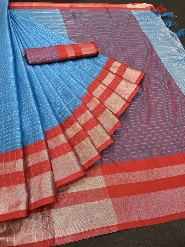 Self Design Chettinadu Pure Cotton Saree  (Light Blue)