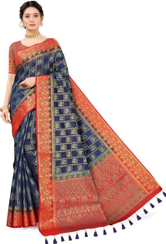 Woven Banarasi Cotton Silk Saree  (Red, Green, Blue)