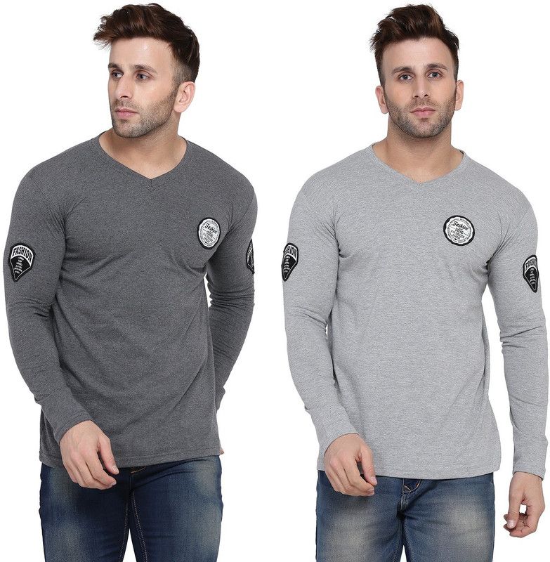 Pack of 2 Men Solid V Neck Cotton Blend Silver, Grey T-Shirt