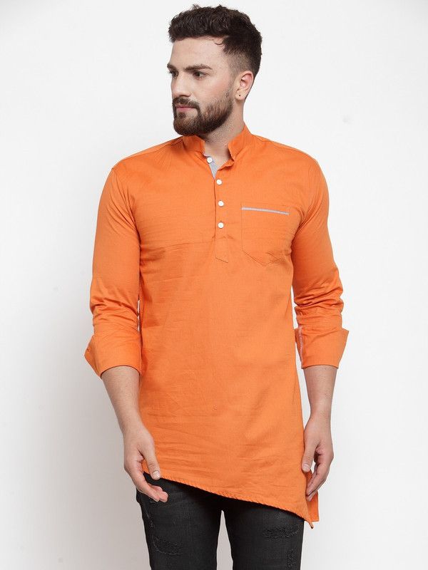 Men Solid Cotton Blend Asymmetric Kurta  (Orange)