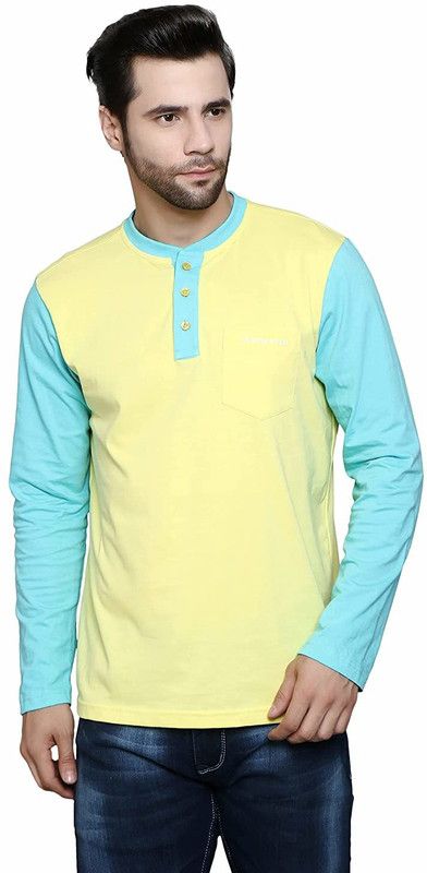 Men Printed Henley Neck Cotton Blend Blue, Yellow T-Shirt