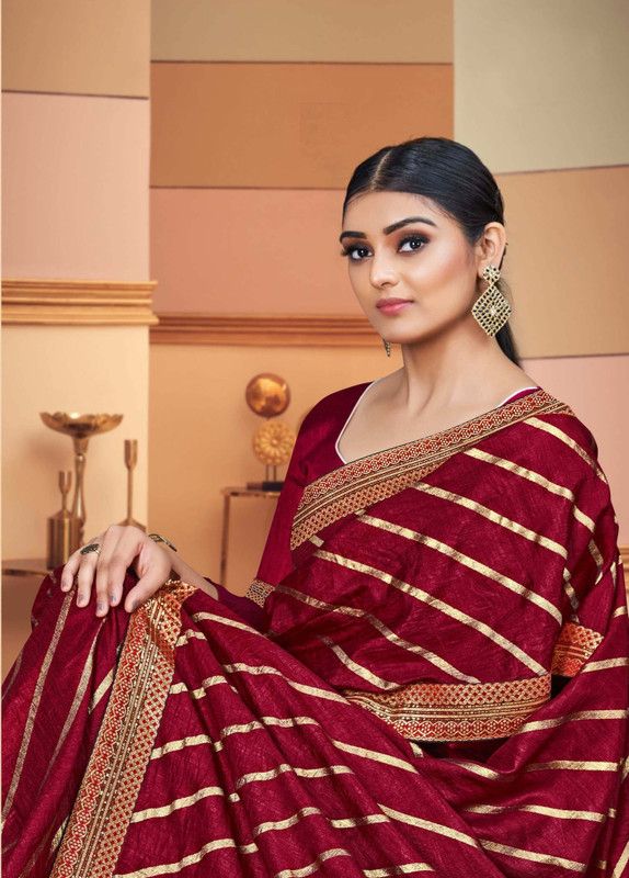 Striped Daily Wear Silk Blend Saree  (Maroon)