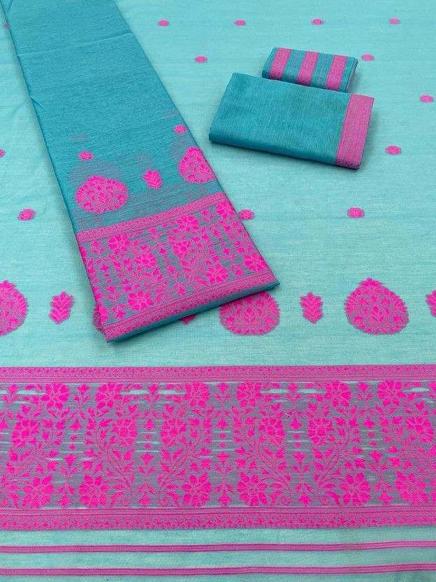 Woven Mekhela Chador Cotton Blend, Cotton Silk Saree  (Blue, Pink)