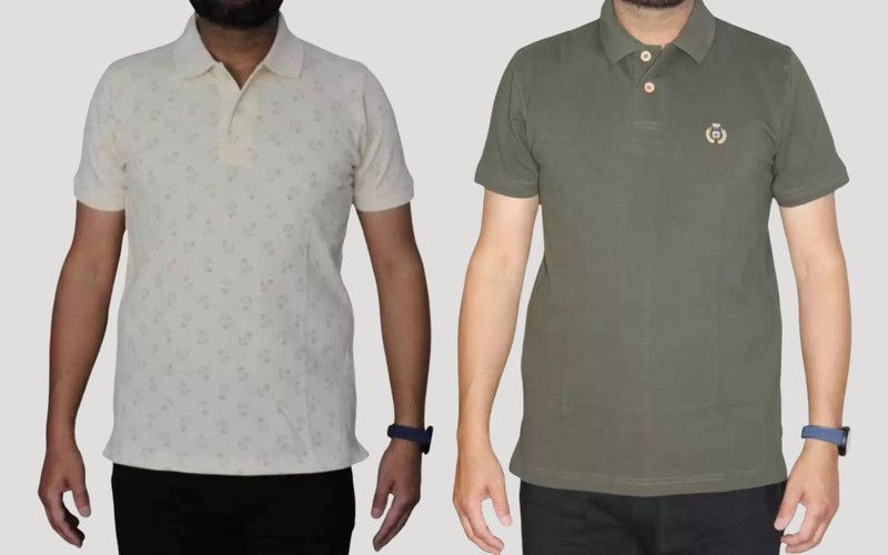 Pack of 2 Men Solid Polo Neck Pure Cotton Dark Green, Yellow T-Shirt