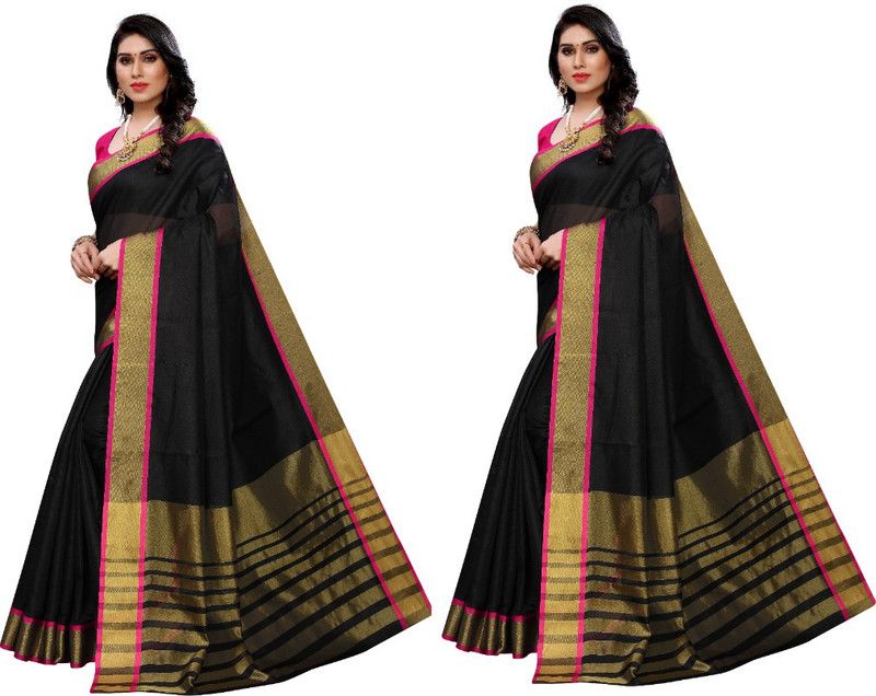 Woven Daily Wear Art Silk Saree  (Pack of 2, Gold, Black, Pink)