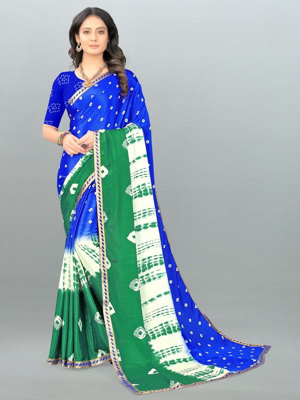 Embellished, Ombre, Geometric Print Bandhani Silk Blend Saree  (Blue, White, Green)