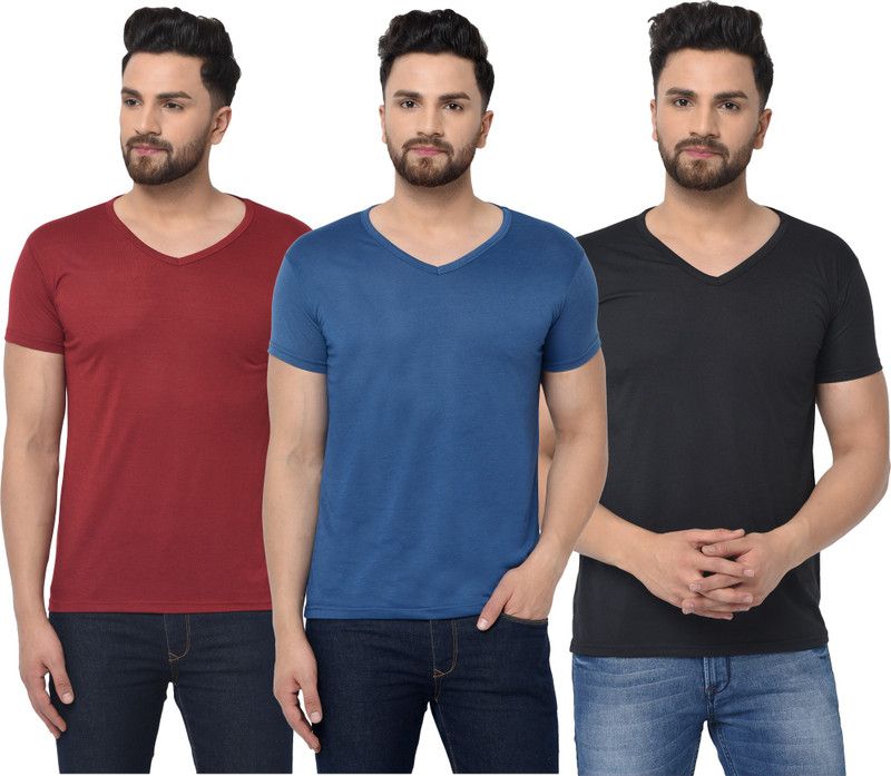 Pack of 3 Men Solid V Neck Cotton Blend Blue, Maroon, Black T-Shirt