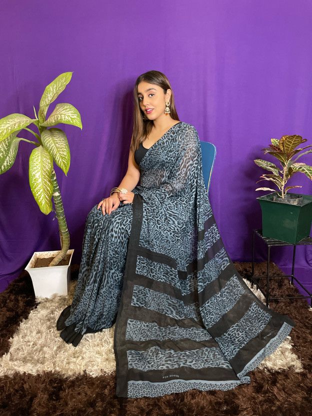 Animal Print Bollywood Georgette Saree  (Light Blue, Black)