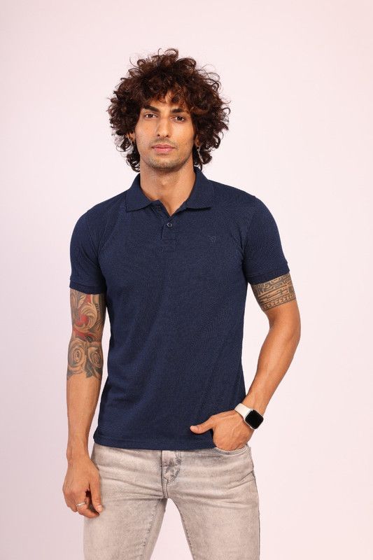 Men Solid Polo Neck Pure Cotton Navy Blue T-Shirt