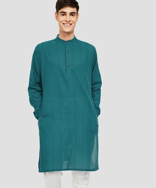 Men Striped Pure Cotton Straight Kurta  (Blue)