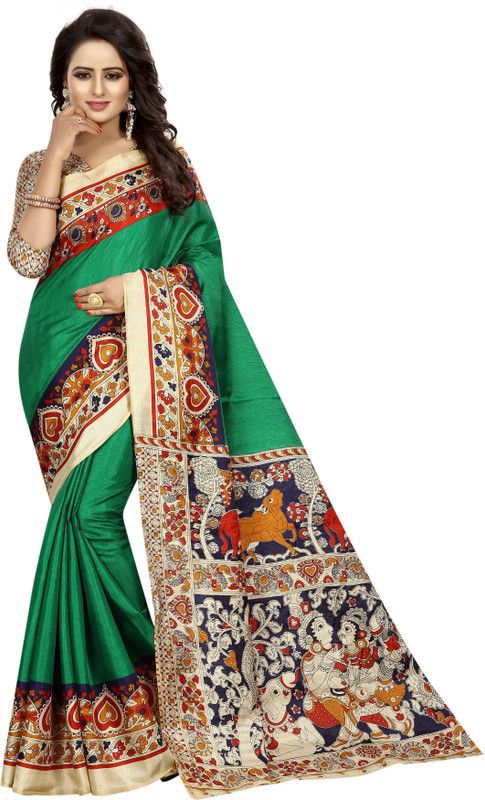 Printed Kalamkari Silk Blend, Art Silk Saree  (Green)