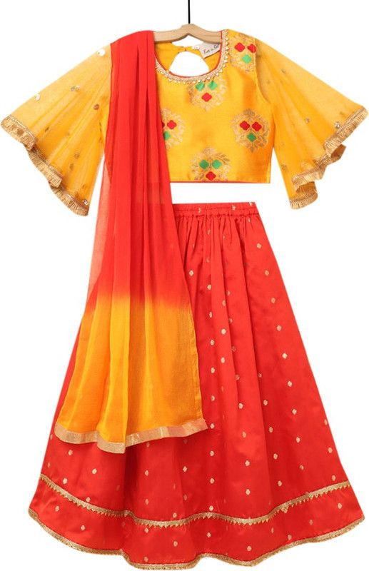 Girls Lehenga Choli Fusion Wear Embellished Lehenga, Choli and Dupatta Set  (Yellow, Pack of 1)