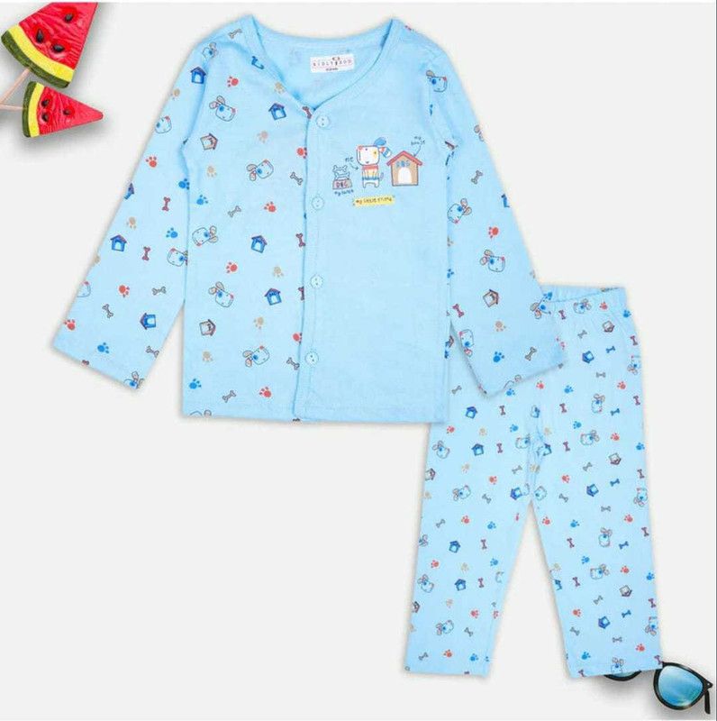 Baby Boys Printed Cotton Rayon Blend Kids Nightwear  (Light Blue Pack of 2)