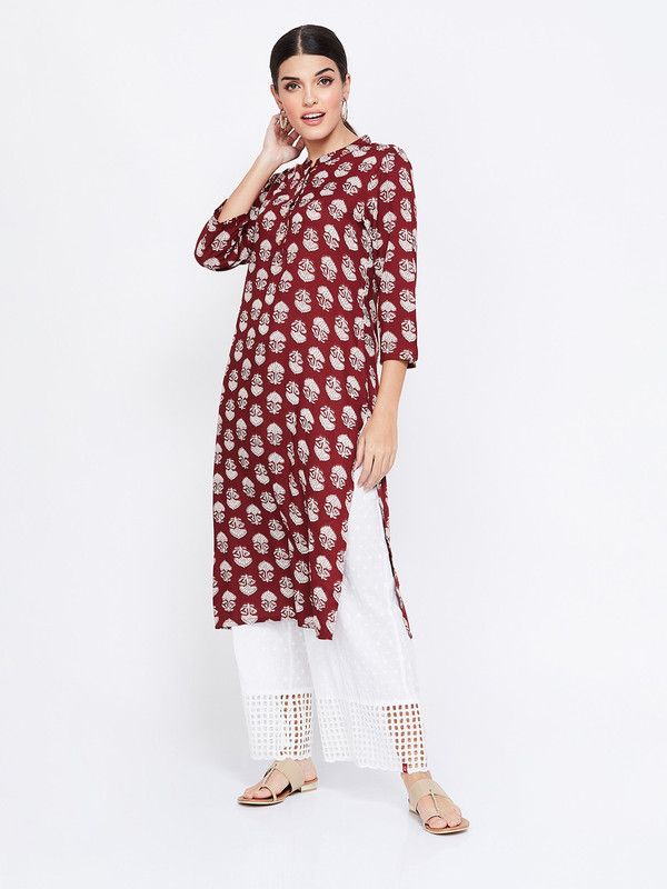 Women Floral Print Viscose Rayon A-line Kurta  (Maroon)