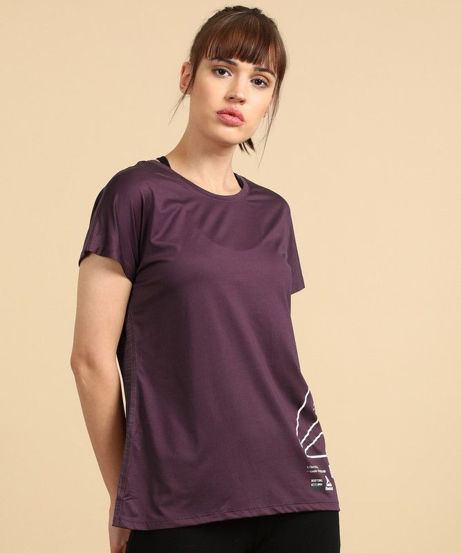 Women Self Design Round Neck Polyester Purple T-Shirt
