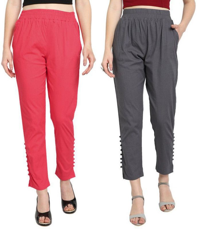 Pack of 2 Women Regular Fit Red, Grey Cotton Blend Trousers