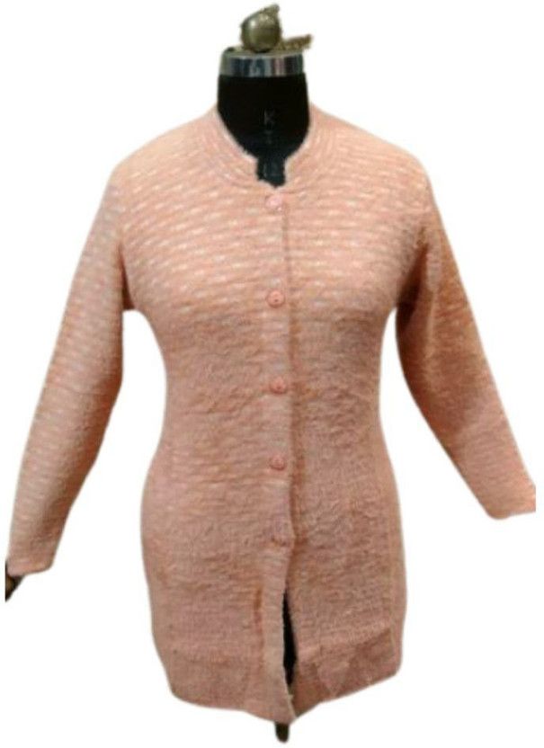 Women Self Design Collared Neck Orange Sweater