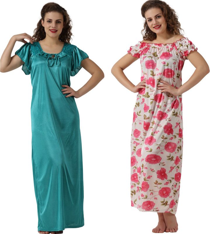 Pack of 2 Women Nighty Set  (Pink, White, Green)