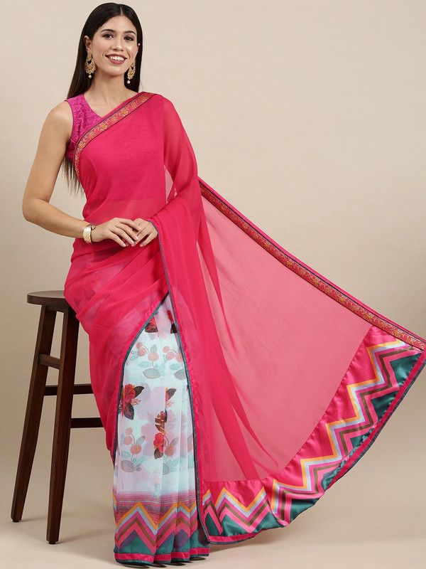 Floral Print Bollywood Georgette, Chiffon Saree  (Pink, Grey)