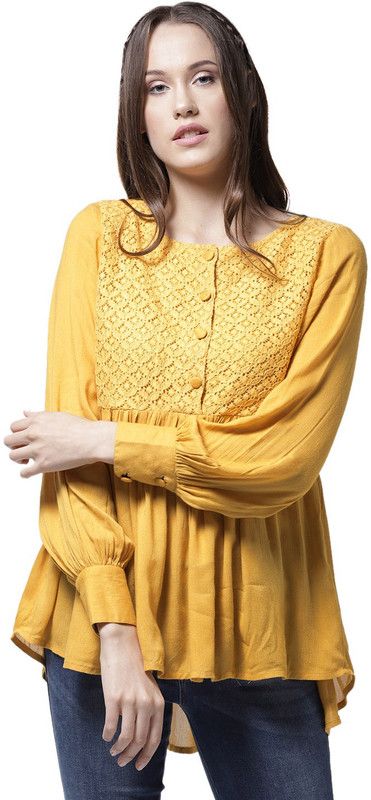 Casual Cuffed Sleeves Self Design Women Yellow Top