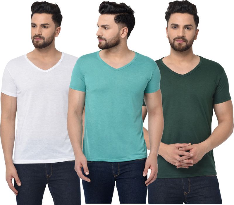 Pack of 3 V neck Combo T-shirts Multicolor Men Solid V Neck Cotton Blend Dark Green, Light Blue, White T-Shirt