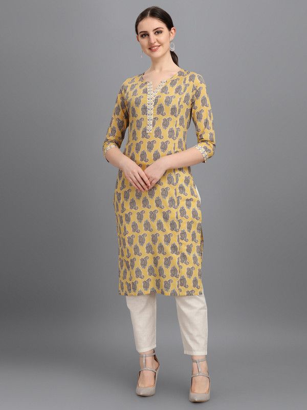 Women Paisley Pure Cotton Straight Kurta  (Yellow)