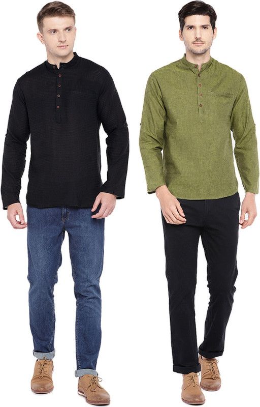 Pack of 2 Men Solid Pure Cotton Straight Kurta  (Green, Black)