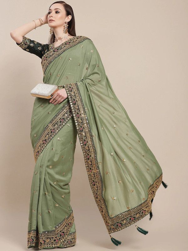 Embroidered, Embellished Bollywood Art Silk Saree  (Light Green)