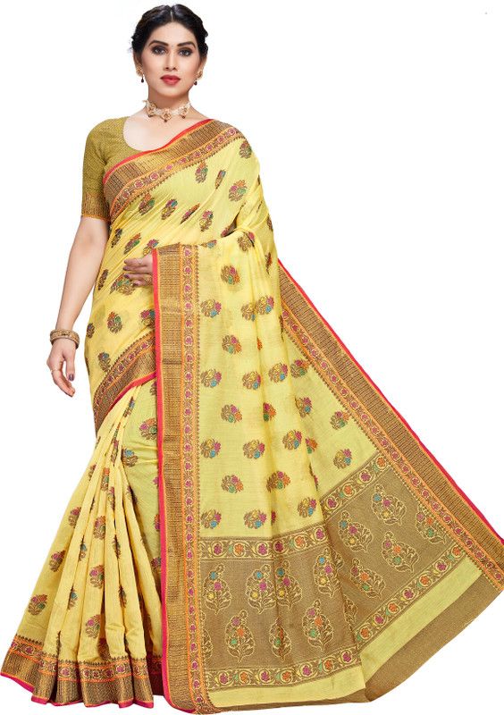 Woven Handloom Pure Cotton, Cotton Silk Saree  (Yellow)