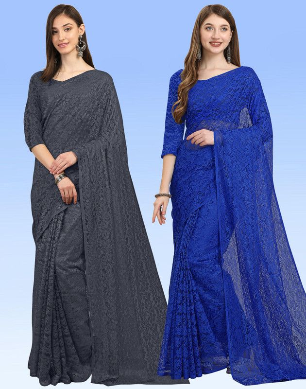 Embellished Bollywood Net, Brasso Saree  (Pack of 2, Grey, Blue)