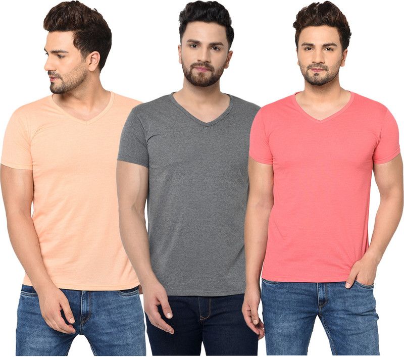 Pack of 3 Men Solid V Neck Cotton Blend Pink, Orange, Grey T-Shirt