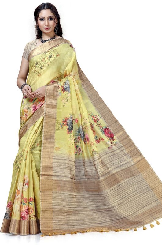 Printed, Digital Print, Floral Print Bollywood Cotton Linen, Pure Silk Saree  (Yellow)