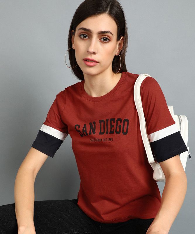 Printed Women Round Neck Cotton Blend Orange T-Shirt