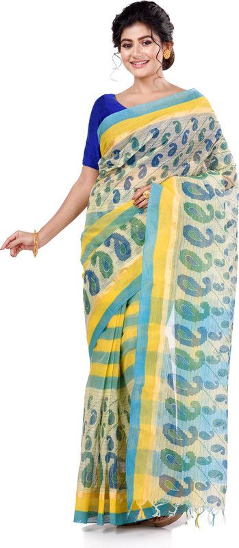 Self Design Handloom Handloom Pure Cotton Saree  (Blue, Yellow)