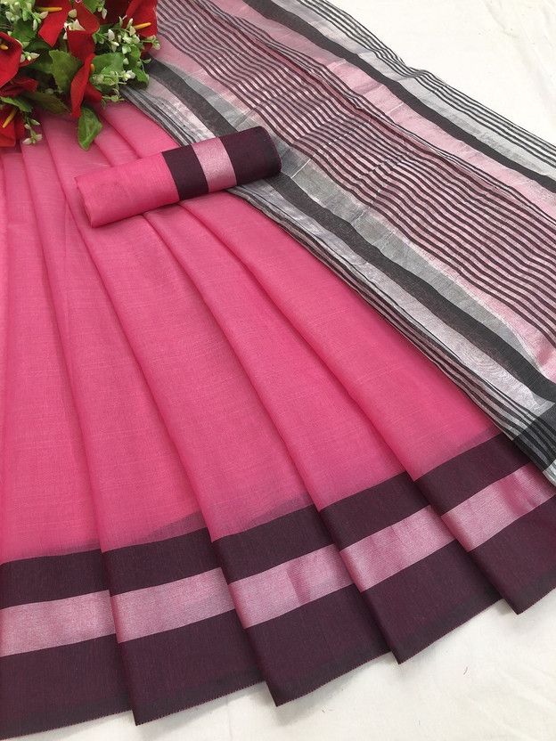Dyed Banarasi Cotton Blend Saree  (Pink)