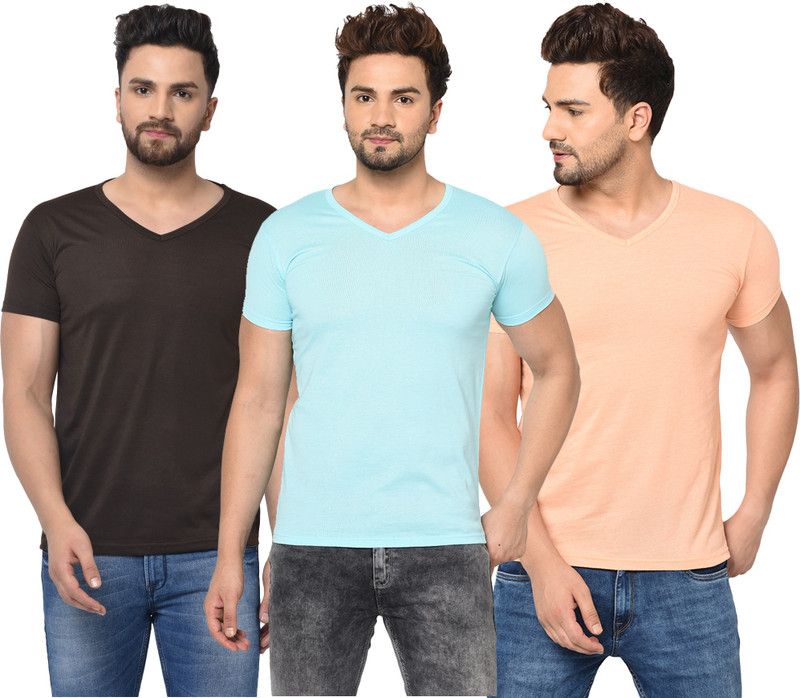 Pack of 3 V neck Combo T-shirts Men Solid V Neck Cotton Blend Black, Beige, Light Green T-Shirt