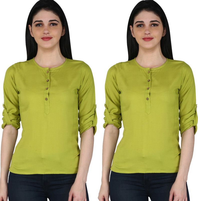 Pack of 2 Casual Roll Up Sleeves Solid Women Green Top
