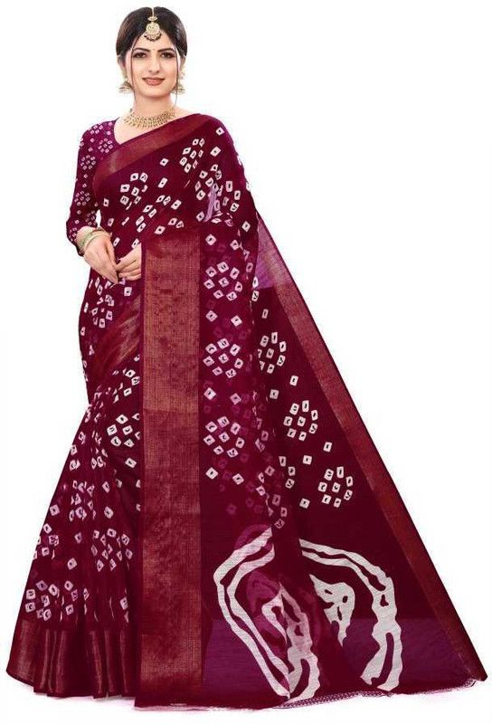 Printed Bandhani Cotton Silk Saree  (Magenta)