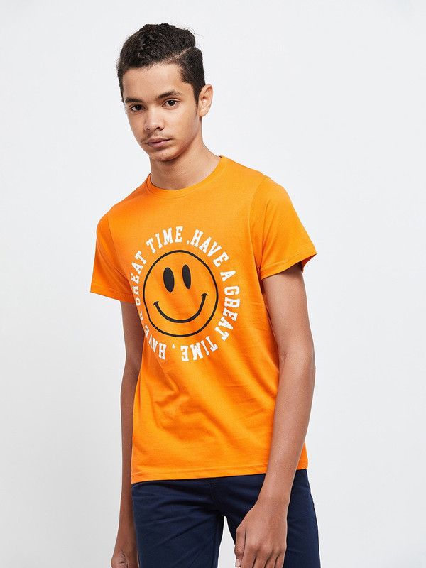 Boys Printed Pure Cotton T Shirt  (Orange, Pack of 1)