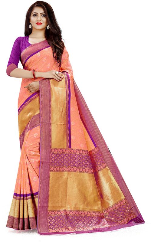 Woven Kanjivaram Jacquard Saree  (Purple, Gold)