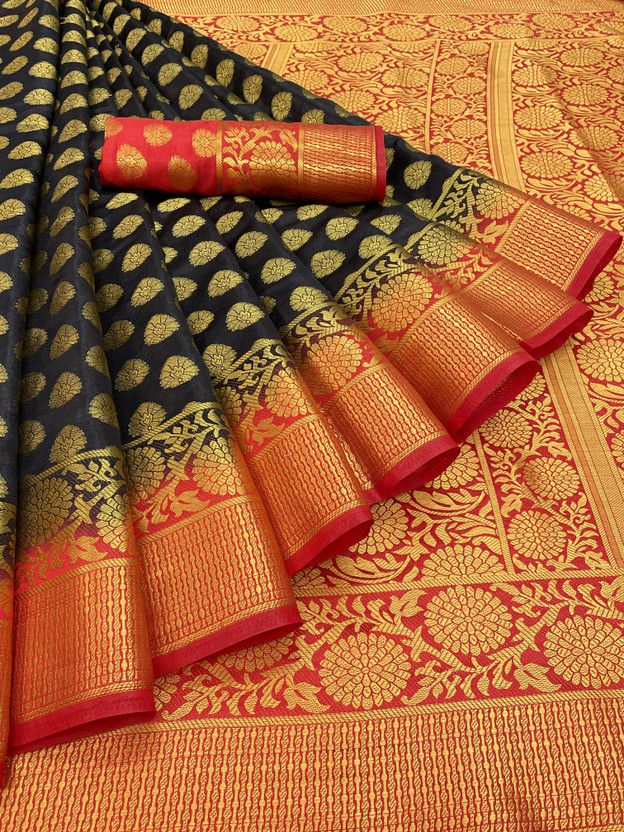 Self Design, Hand Painted, Woven Banarasi Silk Blend, Art Silk Saree  (Black)