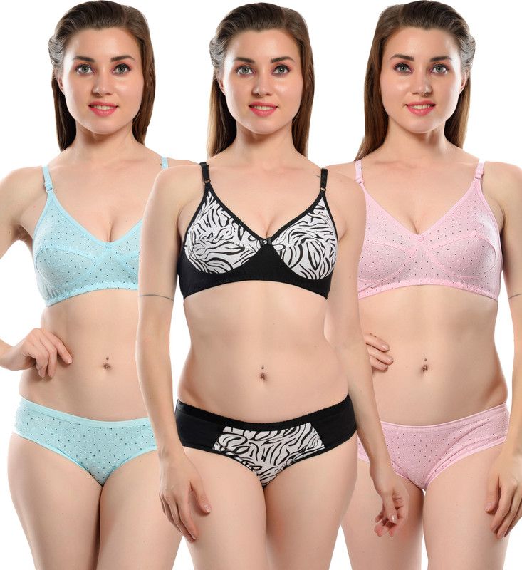 Bra & Panty Set Self Design Pink, Blue, Black Lingerie Set