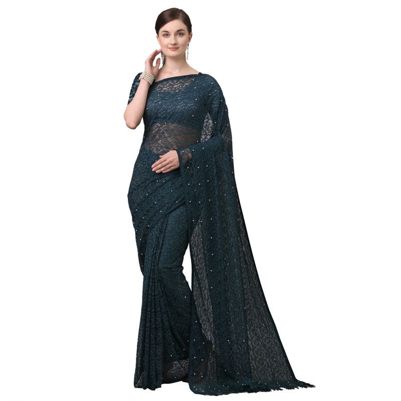 Embellished Bollywood Net Saree  (Light Blue)