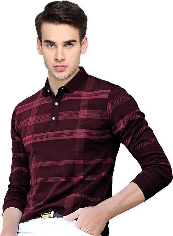 Men Checkered Polo Neck Pure Cotton Maroon T-Shirt