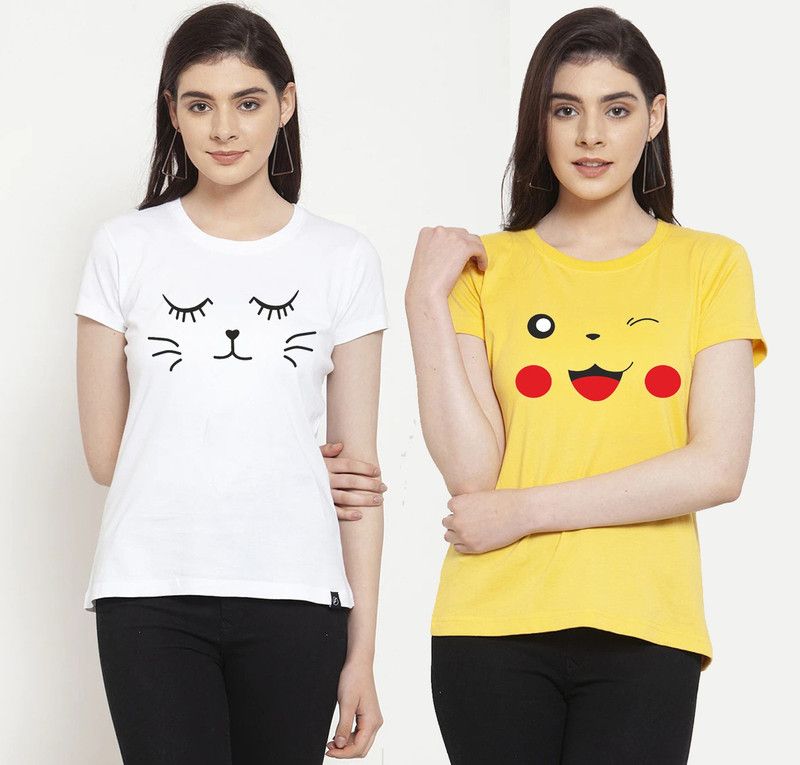 Printed Women White, Yellow T-Shirt  (Pack of 2)