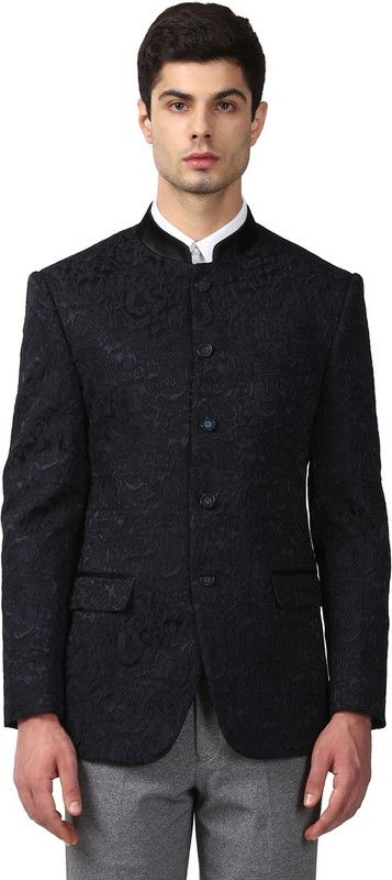 Men Self Design Bandhgala Party, Wedding Blazer  (Black)